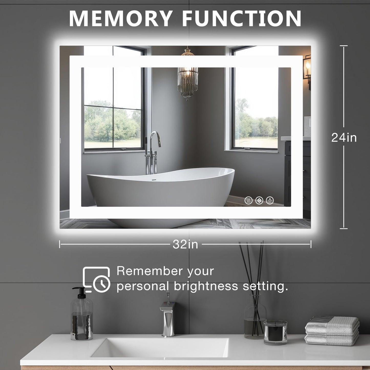 DUMOS 24.1"x32.1" LED Bathroom Mirror, Smart Anti-Fog Bathroom Vanity Mirror with Front Light & Backlit, 3 Color Temperatures, Dimmable, Memory Function