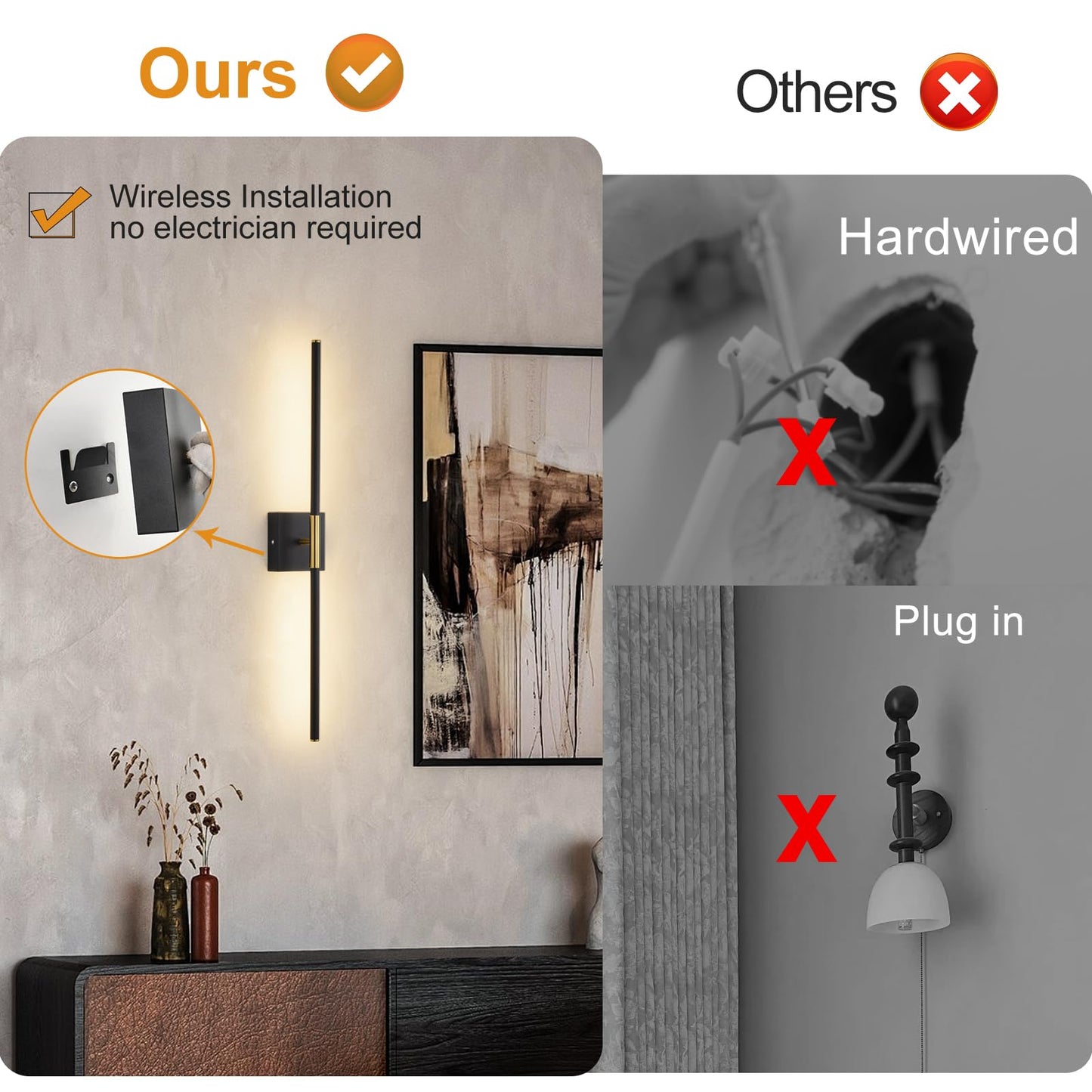 LED Wireless Wall Sconces Set of Two Dimmable Battery Powered Wall Sconce with Remote Control 360°Rotate Black Gold Cordless USB Rechargeable Wall Light for Living Room Bedroom Hallway 32 Inch 2 Pack