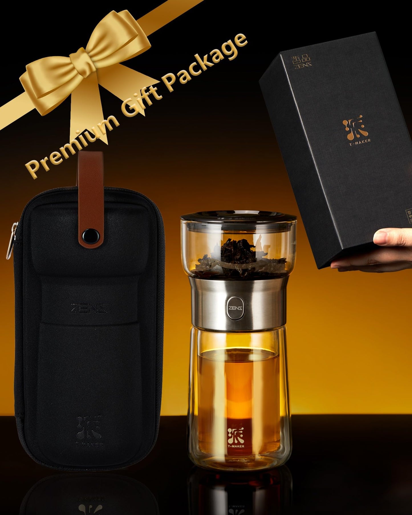 ZENS Modern Glass Tea Infuser Teapot, Smart One Touch Tea Maker for Loose Tea Diffusers with Insulated Mug and Portable Tea Kits, Cool Gongfu Tea Pot for Black Tea Lover Gifts
