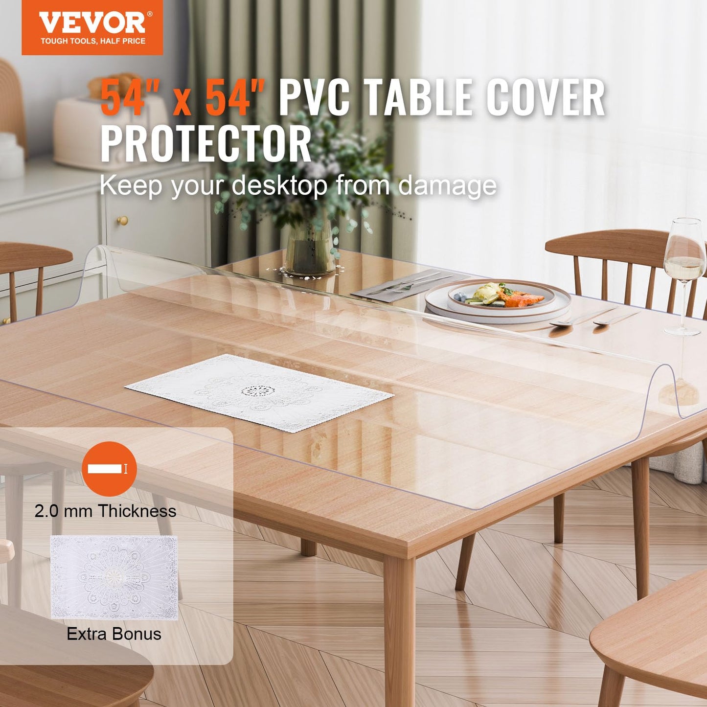 VEVOR Plastic Table Cover, 54 x 54 Inch 2.0 mm, Clear Square PVC Desk Mat Protector, Waterproof & Easy Cleaning Pad Tablecloth, for Office, Dresser, Dining Room, Night Stand
