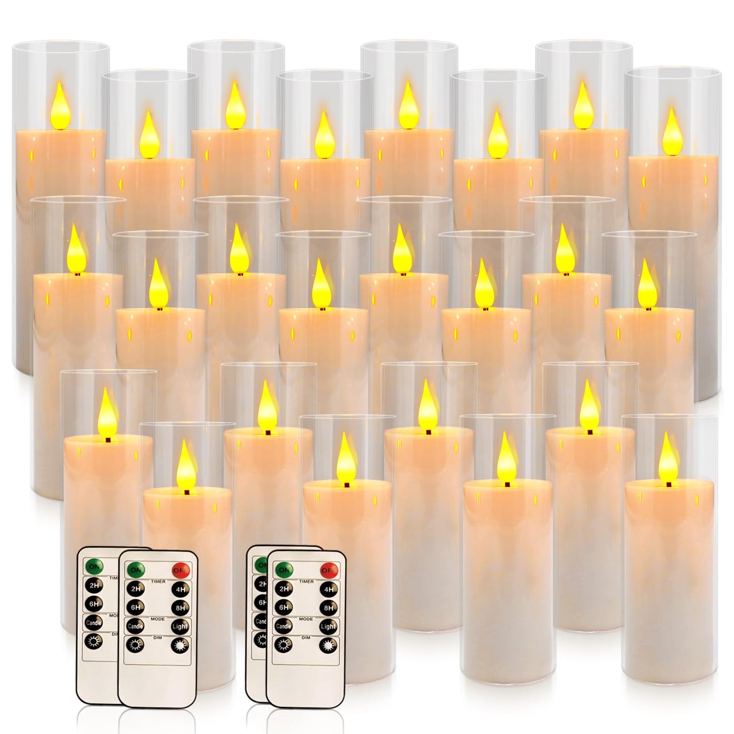 CAKETYCG 24 Pcs Acrylic LED Flameless Candles with 4 Remote,White,Flickering, Clear, Suitable for Wedding, Party, Home Decoration & Outdoor.