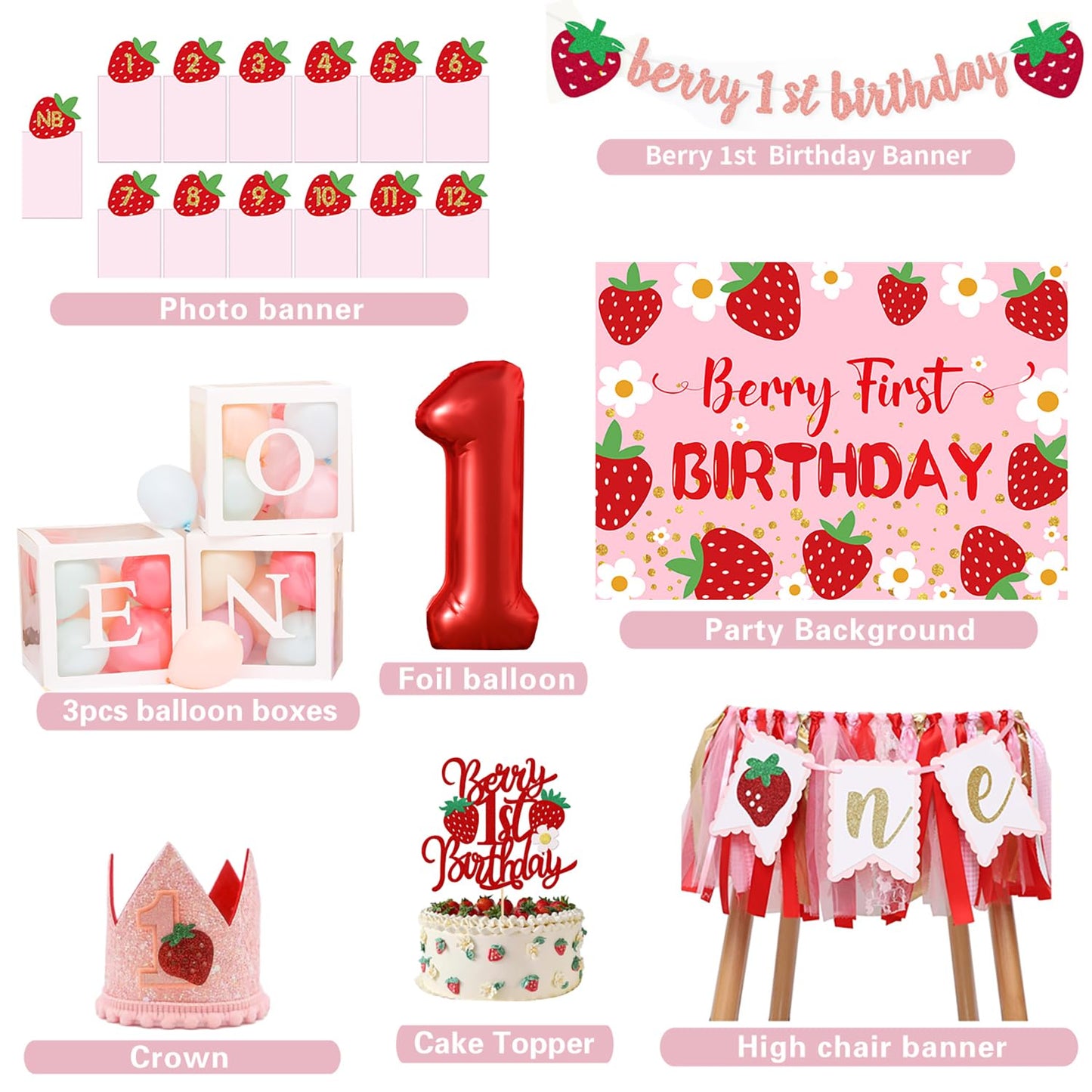 Berry Baby Girl 1st Birthday Decor, Strawberry First Birthday Decorations for Girls with Balloon Arch, Party Backdrop, High Chair Banner, Crown, Photo Banners, Cake Topper