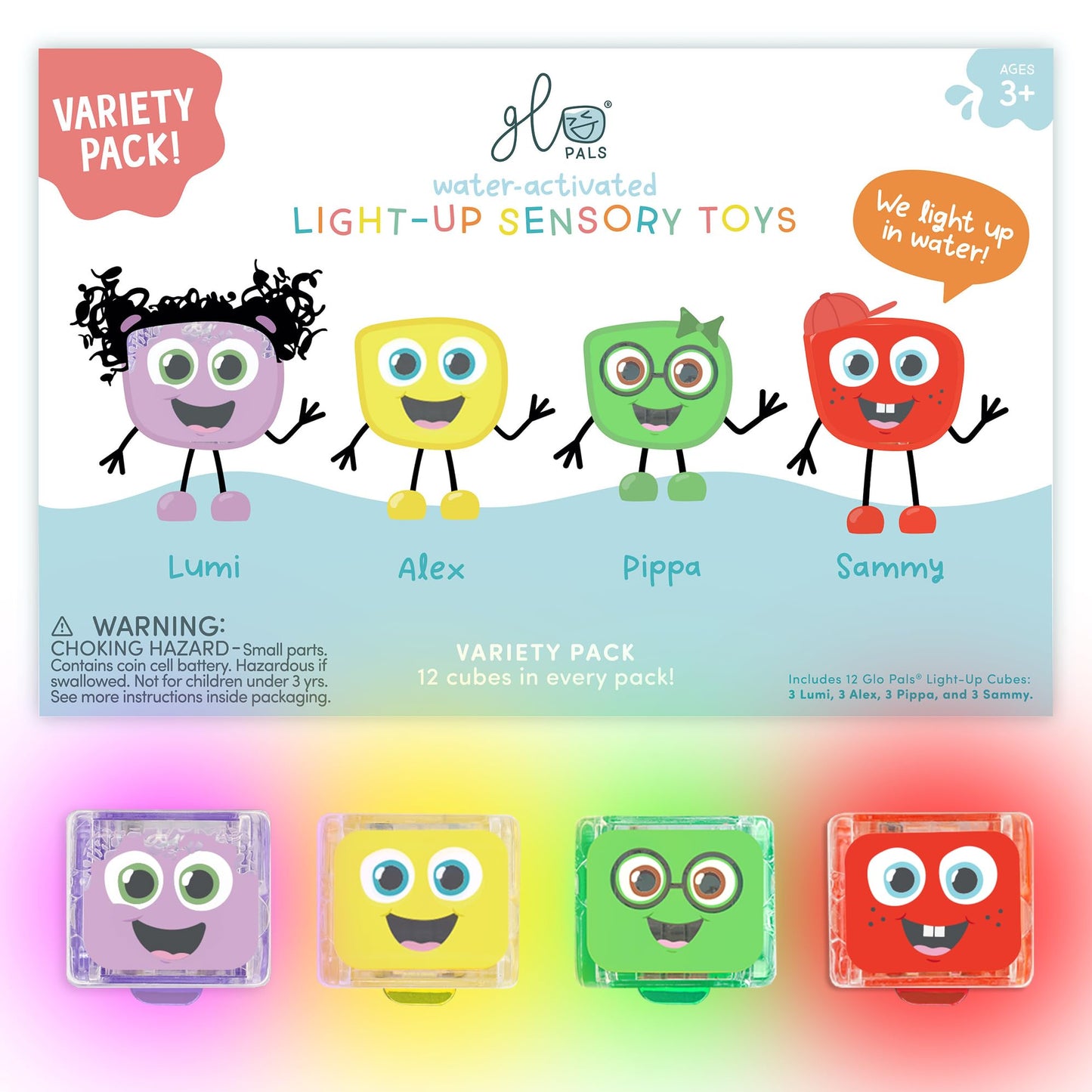 Glo Pals Water-Activated Light-Up Cubes for Sensory Play – 12 Pack
