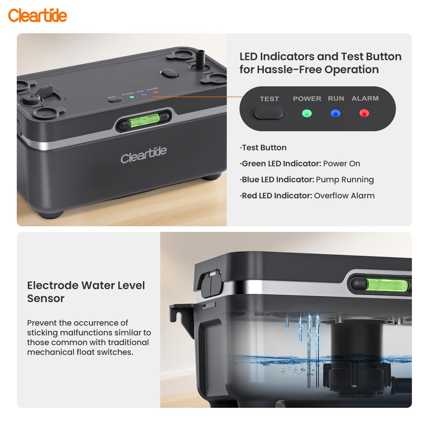 Cleartide Condensate HVAC Pump, Ultra-Quiet 25dB, 1/50 HP 115 GPH, Automatic Condensate Removal Pump with Safety Switch for Air Conditioner/Furnace/Dehumidifier, 100-240V, 23.6ft Head Height