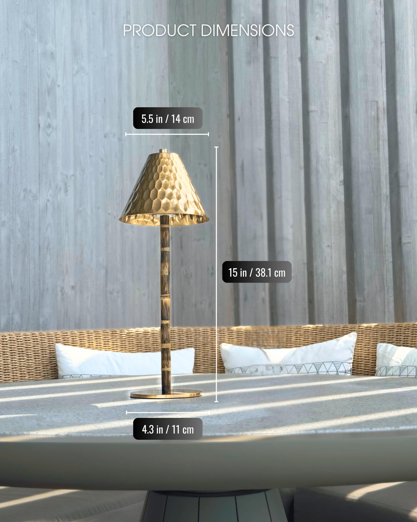 LUXELYKOS Bamboo Cordless LED Table Lamp – Rechargeable 24-Hour Battery, Dimmable Warm Light, 15" Portable Wireless Lamp with Remote for Indoor/Outdoor Use, Home, Patio, Restaurant – Textured Gold