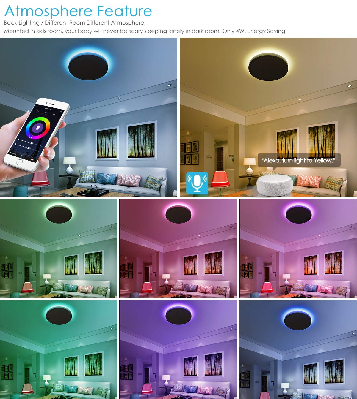 TALOYA Alexa Ceiling Light Smart, WiFi, Compatible with Google, 15.8 Inch Modern Dimmable Flush Mount LED Light Fixture for Living Room Office Kitchen, 28W RGBW