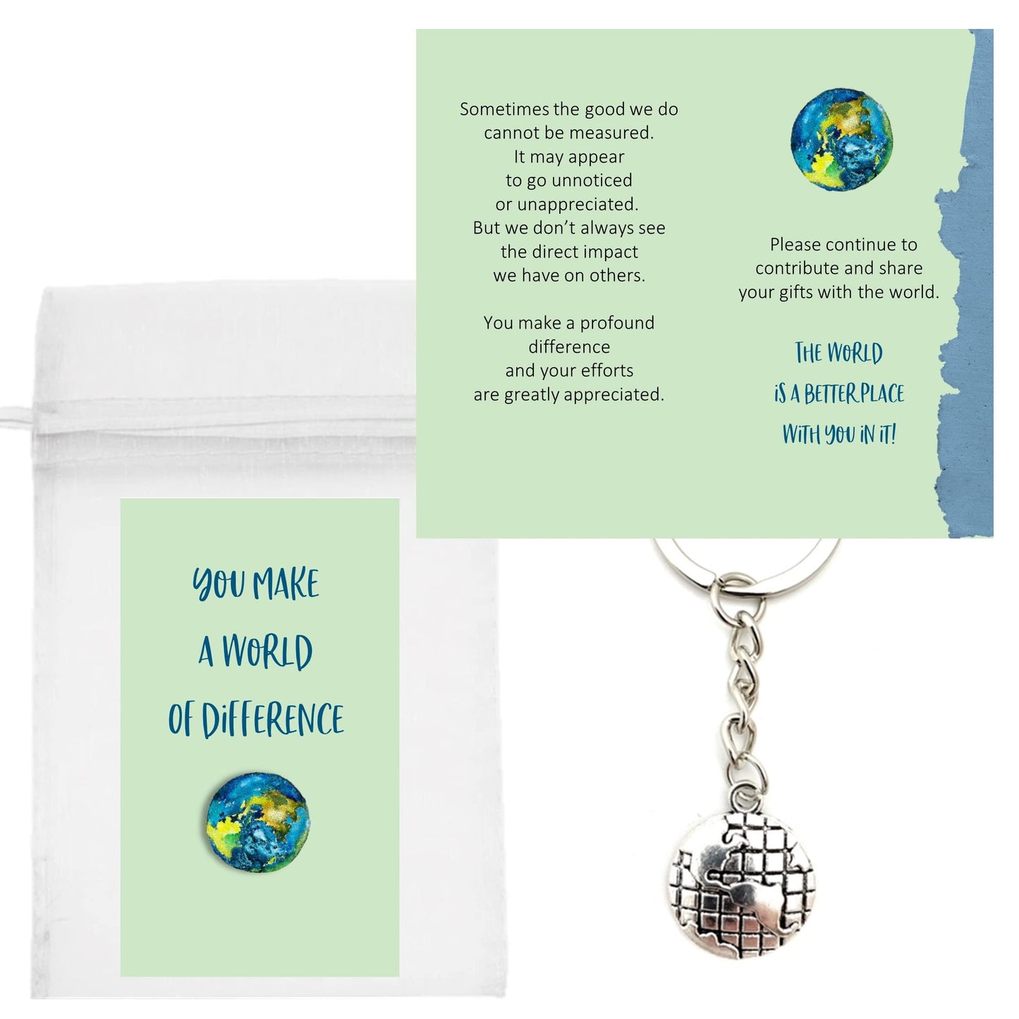 Smiling Wisdom - 20 Bulk Gifts - You Make A World of Difference - Staff Employee Appreciation 3.5x2in Cards & Keepsake Gifts - 60pcs - Silver World Keychains