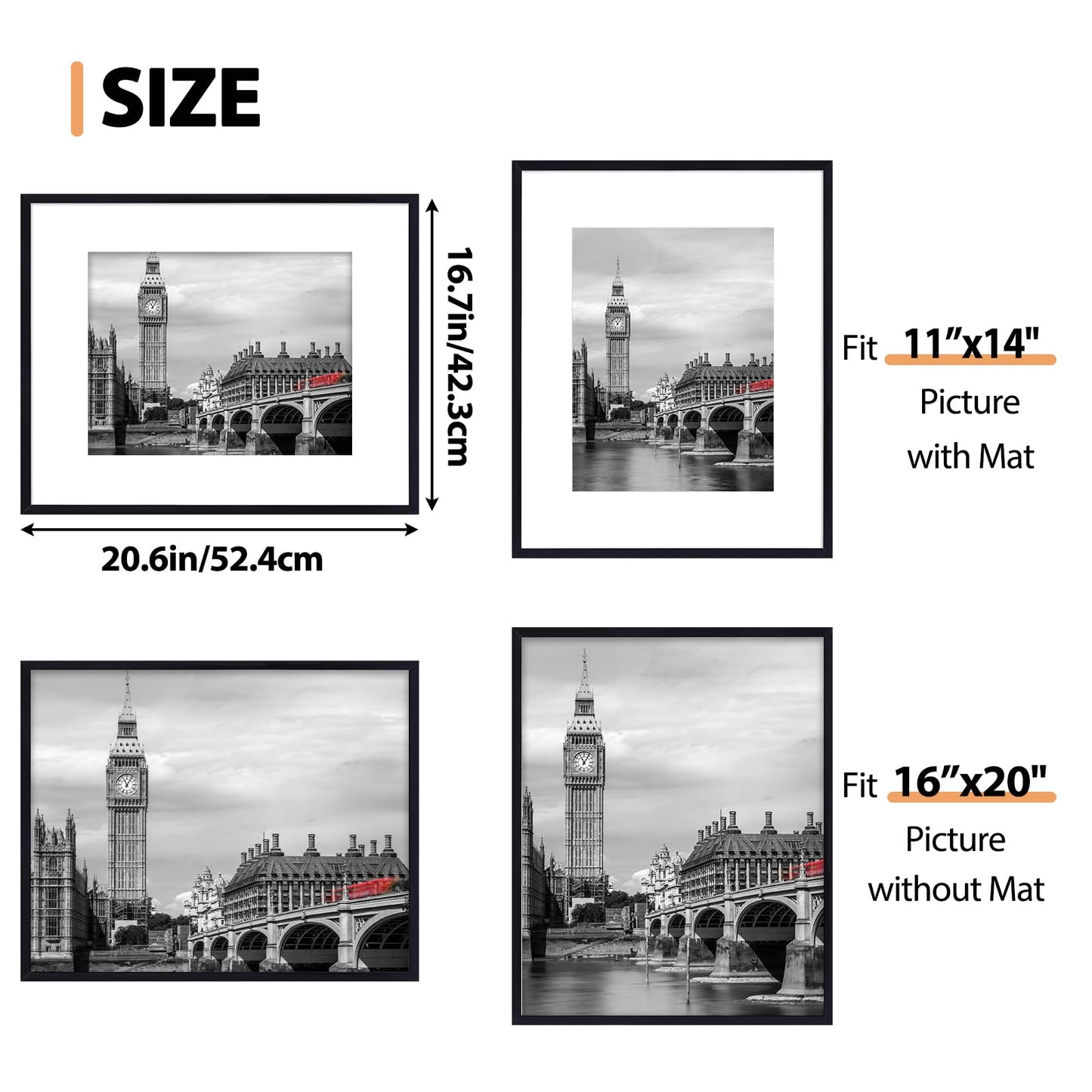 Fixwal 16x20 Picture Frame Set of 6 with Shatter Resistant Plastic Cover, Thin Border Light Weight Poster Frames for Wall Gallery Display, Black