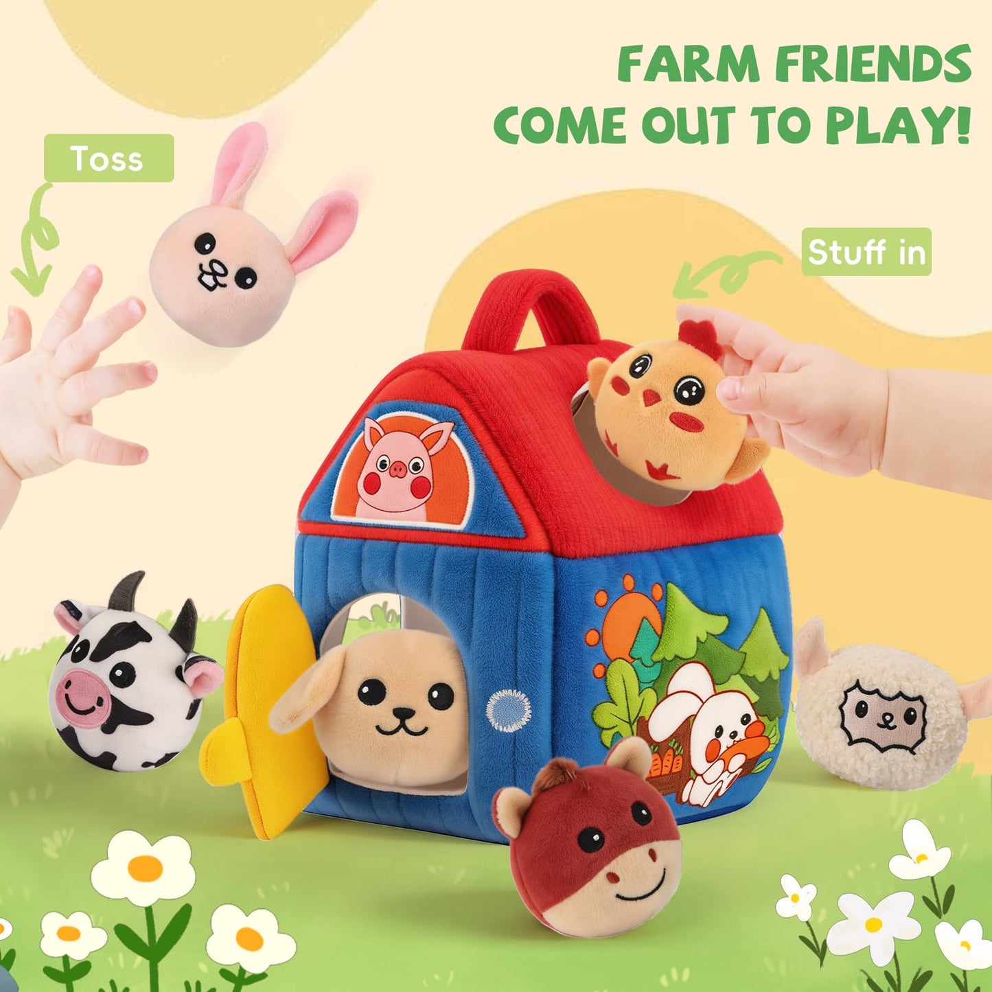 Baby Toys 6-12 Months, Barn with Stuffed Farm Animals, Babies Montessori Toy, Sensory Toys for Toddlers 1-3, Portable Travel & Learning Gift for Infants & Toddlers
