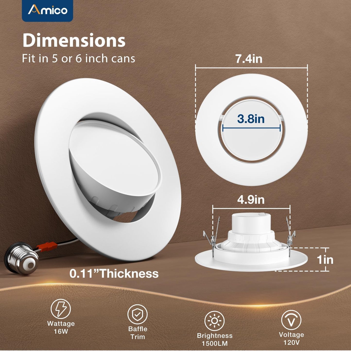 Amico 5/6 Inch Retrofit Eyeball Gimbal Can Lights 6 Pack, 5CCT LED Recessed Lights Directional Angled Trim Adjustable Ceiling Downlight, 2700K/3000K/4000K/5000K/6000K, 16W=150W, 1500 LM- ETL&FCC