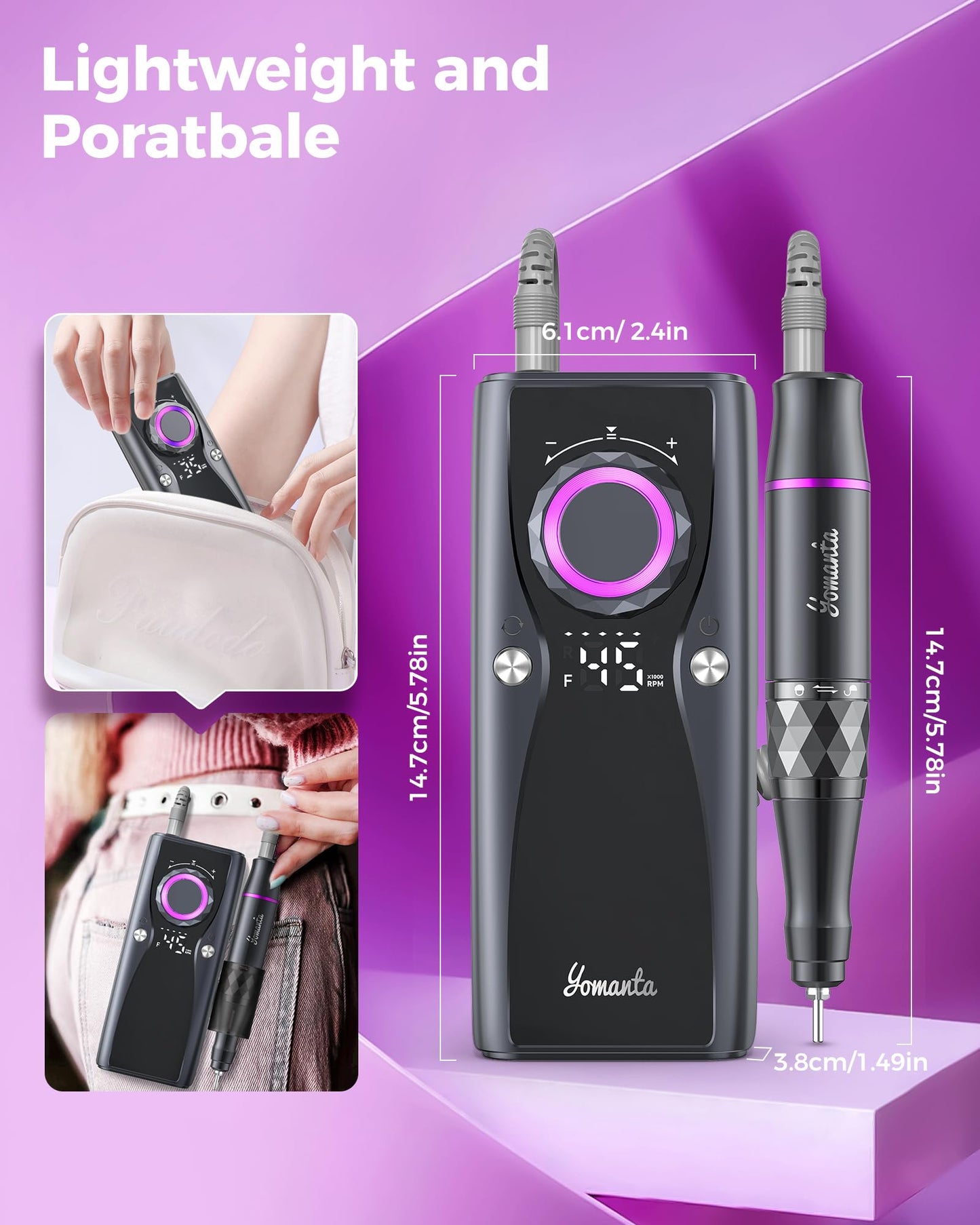 Yomanta Electric Nail Drill Professional Kit: 45,000 RPM USB Rechargeable Efile Nail Drill Nail File with 12 Bits for Polishing Gel/Acrylic Nails- Portable Manicure Tool Set for Salon/Home-Black