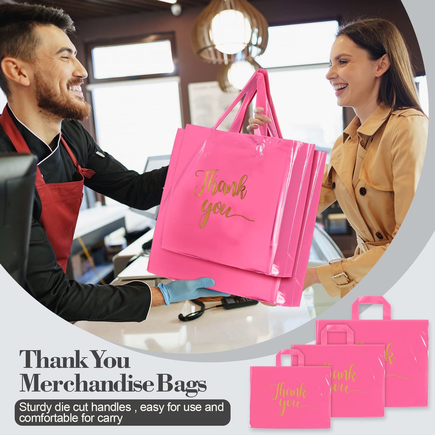 Teling 200 Pcs Thanks Bags with Handle Bulk Thank You Merchandise Bags 3 Size Plastic Packet Retail Shopping Package for Boutique 9 x 12'', 12 x 15'', 15 x 18''(Pink)