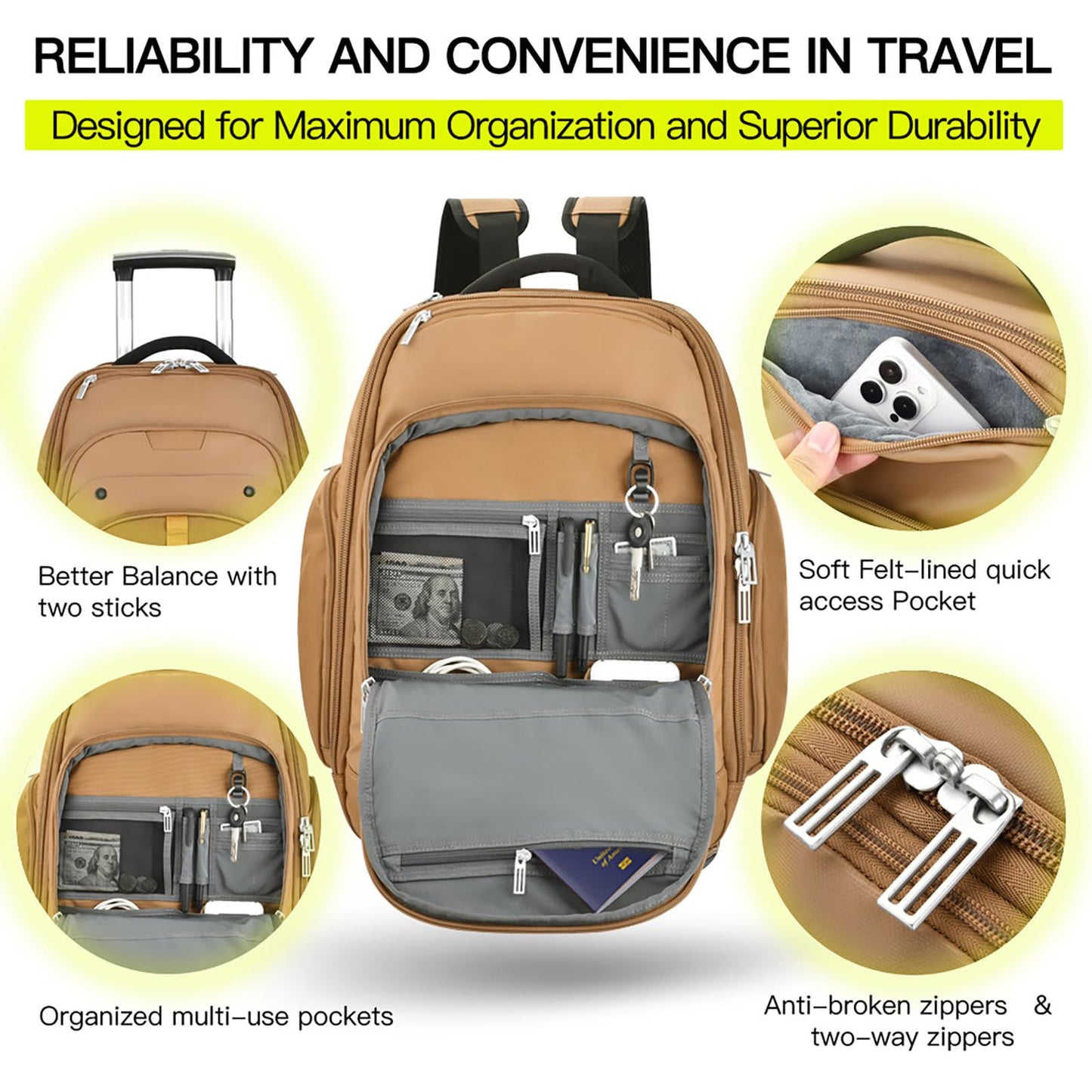 Rolling Laptop Bag with Wheels, Adjustable 13-17.3 Inch Computer Travel Backpack for Men & Women, Wheeled Work Bag, Carry-on Luggage