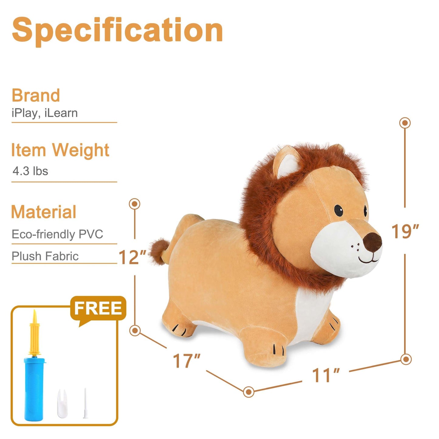 iPlay, iLearn Bouncy Pals Lion Hopper Toy, Toddler Plush Bouncing Animal, Inflatable Ride on Bouncer W/Pump, Indoor Outdoor Hopping Horse, Kid Jumping Toy, Birthday Gift for 2 3 4 5 Year Old Boy Girl