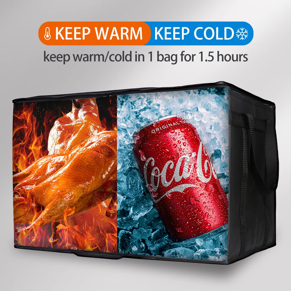 Bodaon 4-Pack Cooler Insulated Food Delivery Bag for Doordash/Uber Eats, XXX-Large Thermal Bags for Catering/Hot Pizza, Travel/Camping/Picnic Basket，Grocery Reusable Warmer Frozen, Black With Bottom