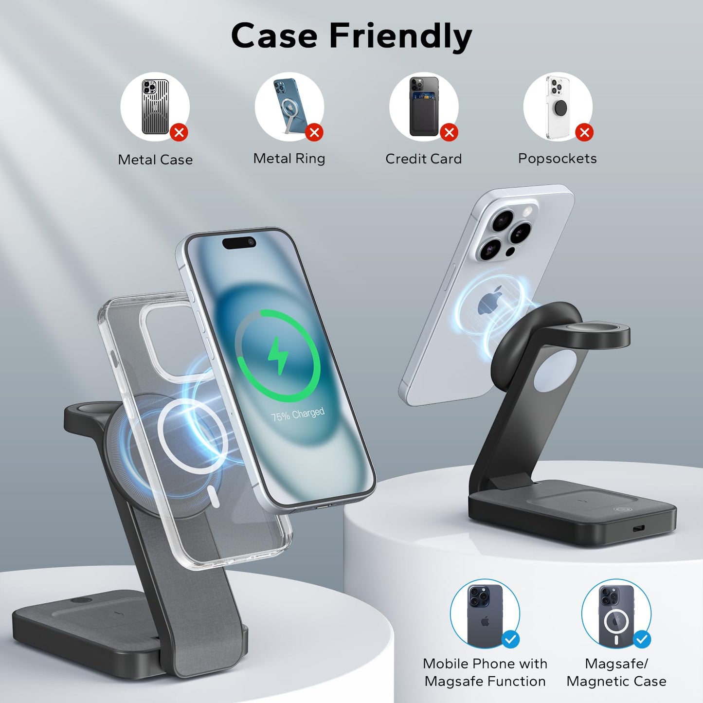 eazpower 3 in 1 Foldable Wireless Charging Station for MagSafe, Travel Magnetic Charger Stand for iPhone 16 15 14 13 Pro Max, Nightstand Charging Dock with Night Light for Apple Watch/AirPods