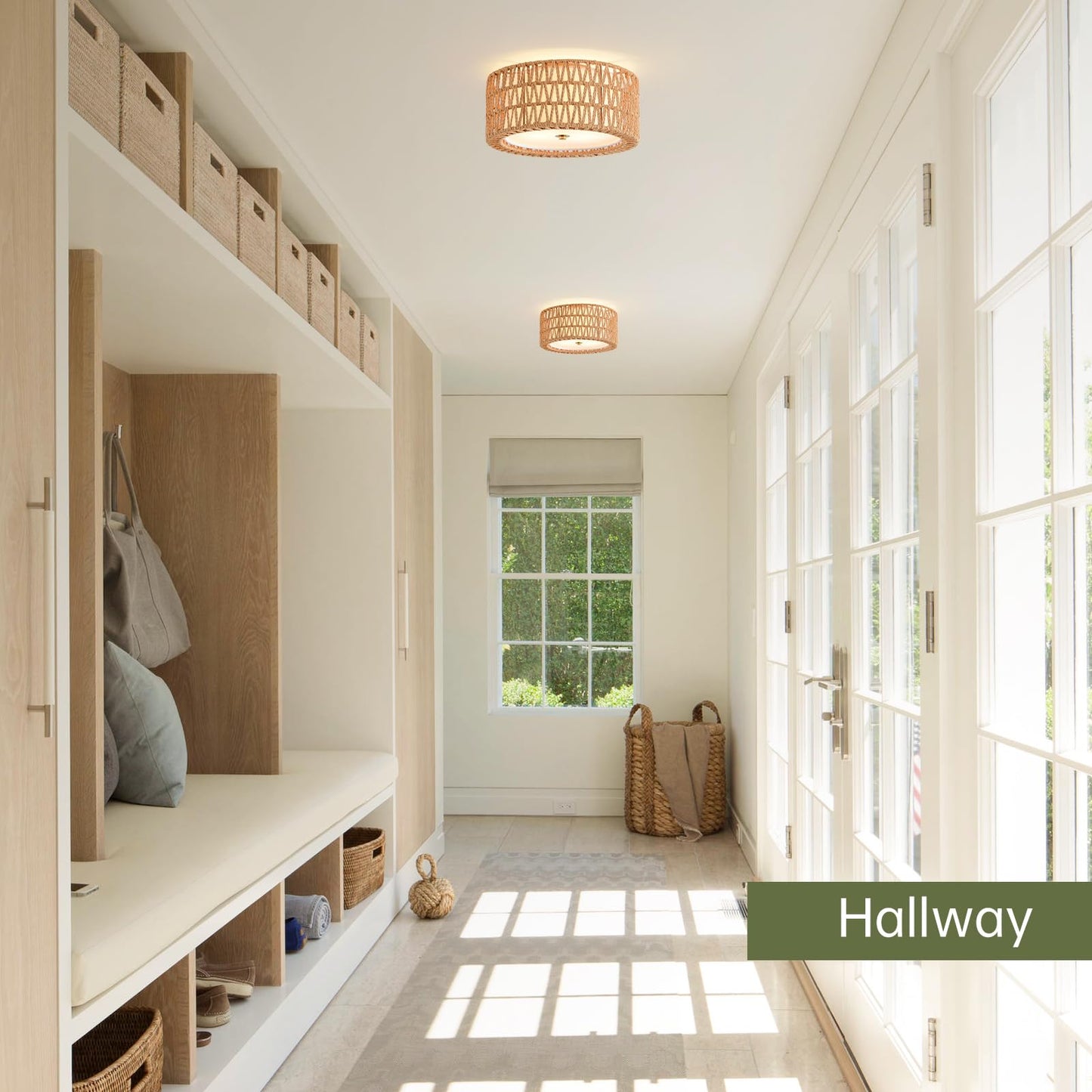InterMaka Boho Ceiling Light Fixtures 12.6" Flush Mount Ceiling Light, Hand-Woven Rattan Light Fixture for Bedroom Close to Ceiling Light Modern Ceiling Light for Foyer Hallway Entryway Kids Room
