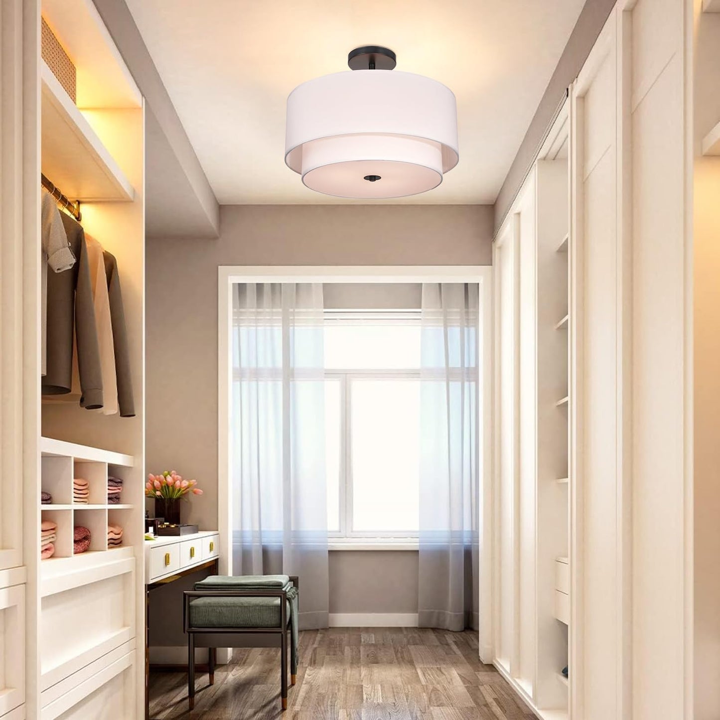 FRIDEKO HOME 3-Light Semi Flush Mount Ceiling Light,15.7 inch Ceiling Light Fixture with White 2-Layer Fabric Shade Drum Lights for Bedroom Living Room Kitchen Foyer Hallway