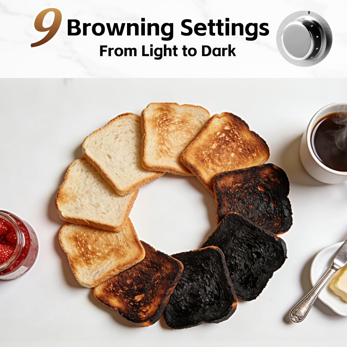 4 Slice Toaster, CUSIMAX Extra-Long Slots for Artisan Bread, Quick Glance Function, 9 Shade Settings, Bagel/Defrost/Cancel Functions, Removable Crumb Tray, Cool-Touch Stainless Steel Body