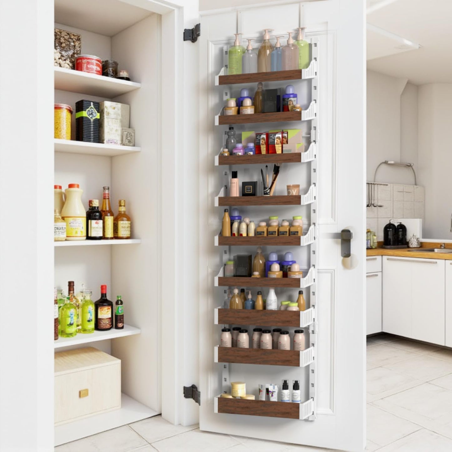 Cransidium Over the Door Pantry Organizer: Pantry Organization and Storage with Hanging Basket - 9-Tier Metal Spice Rack Adjustable Shelves for Kitchen Bedroom Bathroom & Laundry Room White