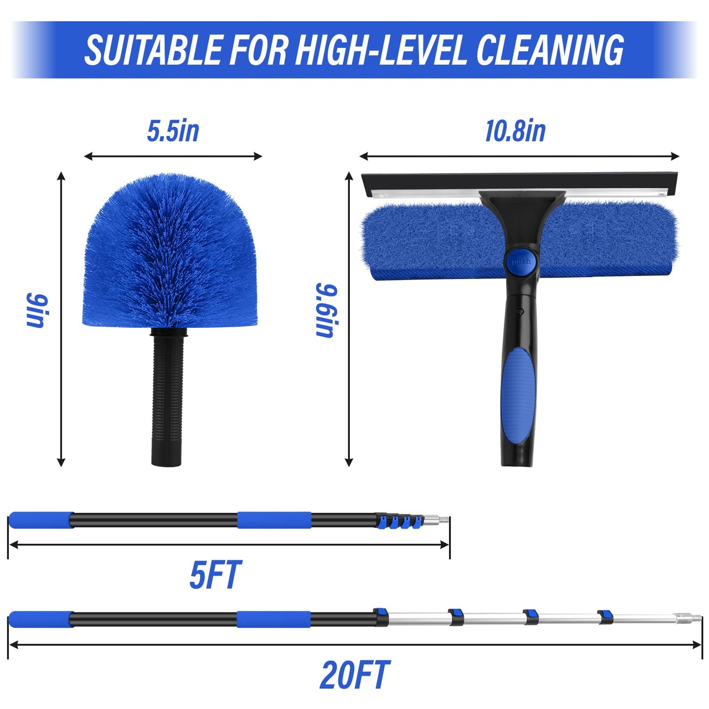 26FT+ Window Washing Kit with Extension Pole, High Reach Duster Kit, Cobweb Duster with 5-20FT Telescoping Pole, 2 in 1 Window Cleaning Squeegee Kit for Outdoor & Indoor Cleaning
