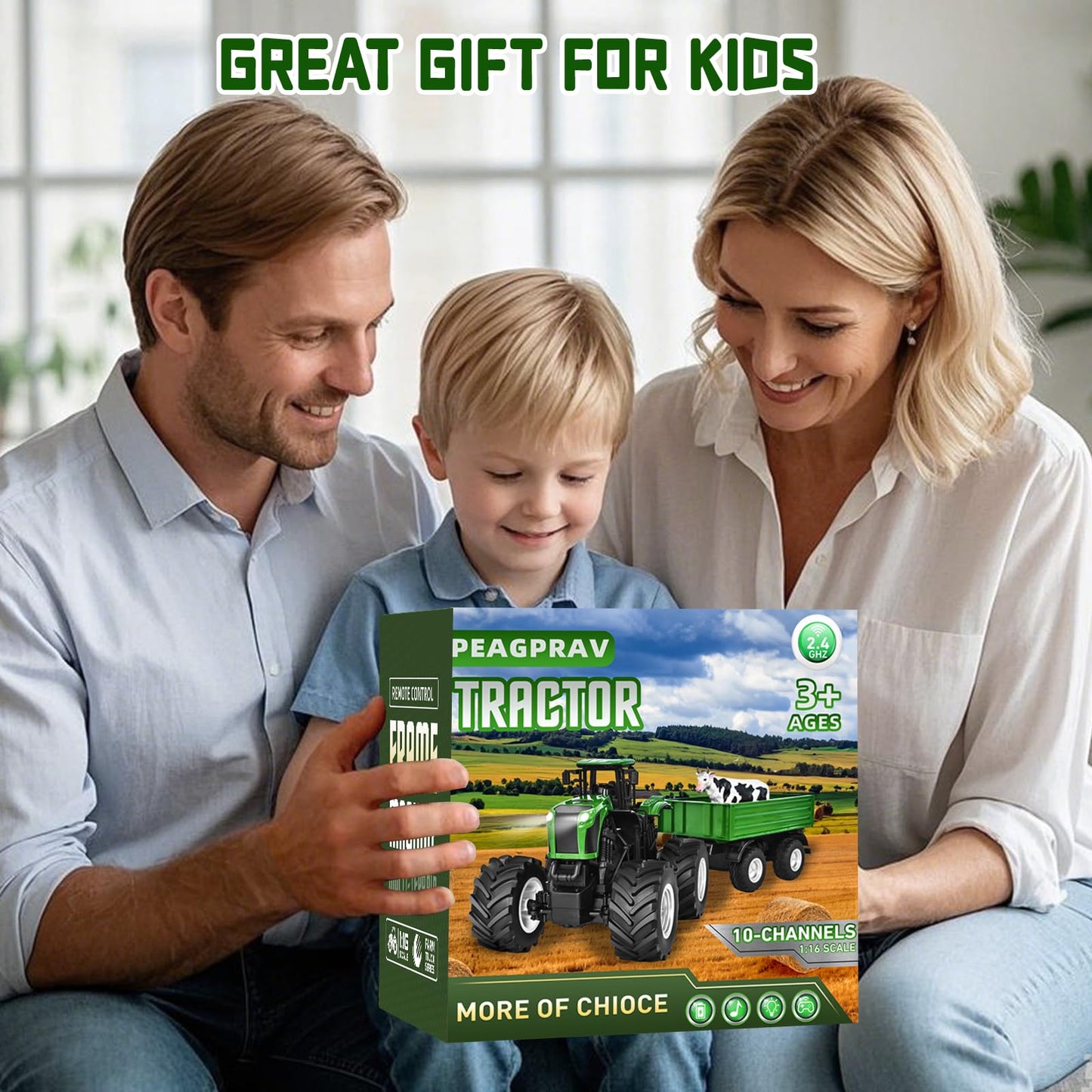 Peagprav Remote Control Tractor Toy with RC Trailer -23.6 Inches 1/16 Scale RC Monster Truck- 2.4GHz Toddlers Farm Vehicle Toys Set for Boys Girls Kids Ages 3-8 Year Old Birthday Gift