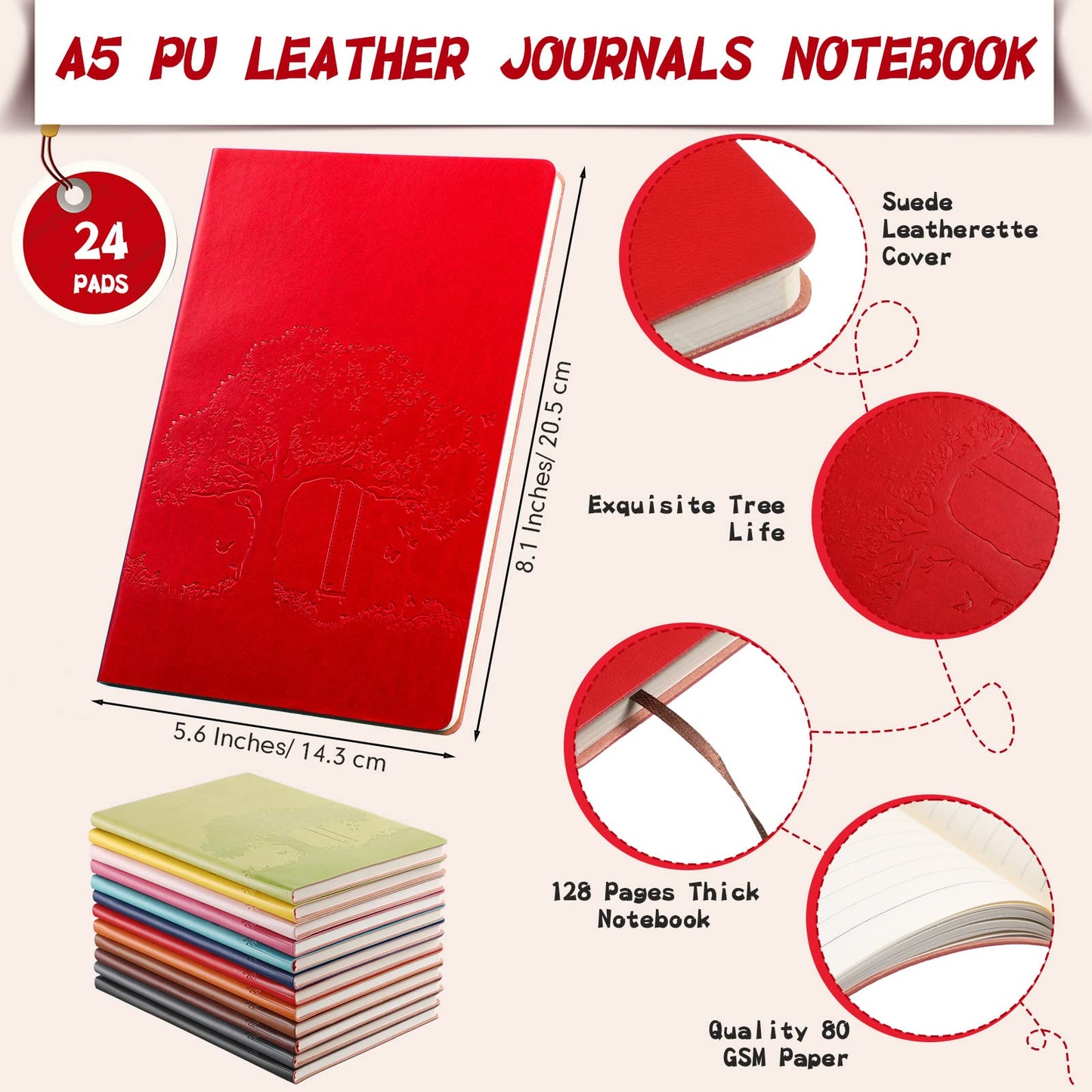 TaoBary 24 Pcs A5 PU Leather Journals Bulk Colorful Tree Journal Notebook Soft Leather Cover Lined Ruled Writing Notebook for Office Back to School Volunteer Group Team (Bright Colors)