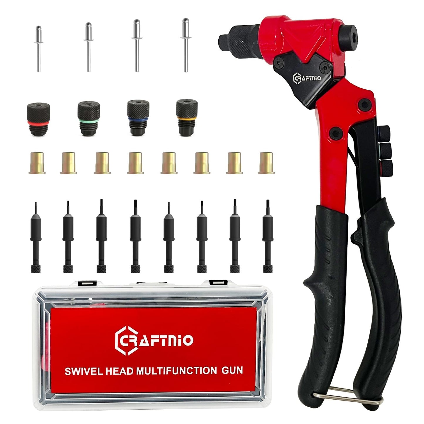 2 in 1 Rivet Nut Tool, Rivet Gun, 360° Swivel Head Multi-Application Tool with 4 Rivet Heads and 8 Metric & SAE Mandrels, Hand Riveter Tool with 80 Rivets and 80 Rivet Nuts, Designed for Tight Space