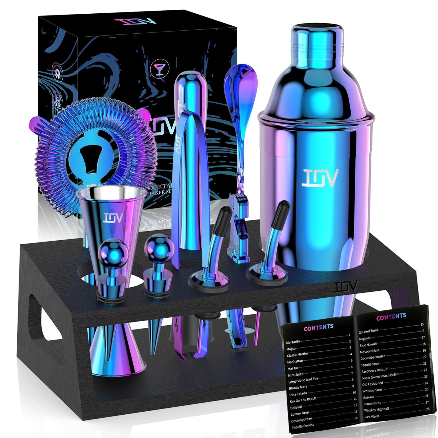 IOV Mixology Bartender Kit with Stand | 12-Piece Cocktail Shaker Set | 24oz Martini Shaker Set for Drink Mixing | Bar Set Includes All Bar Tools and Recipe Booklet | Fun Housewarming Gift (Rainbow)