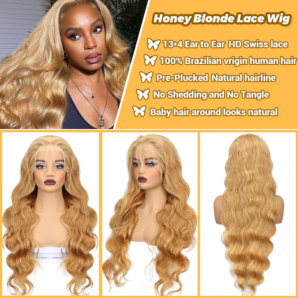 SOSATISFY Body Wave Honey Blonde Wig Human Hair 13x4 Honey Blonde HD Lace Front Wig Human Hair 200% Density 27# Colored Human Hair Wigs Pre Plucked with Baby Hair (20 inch)