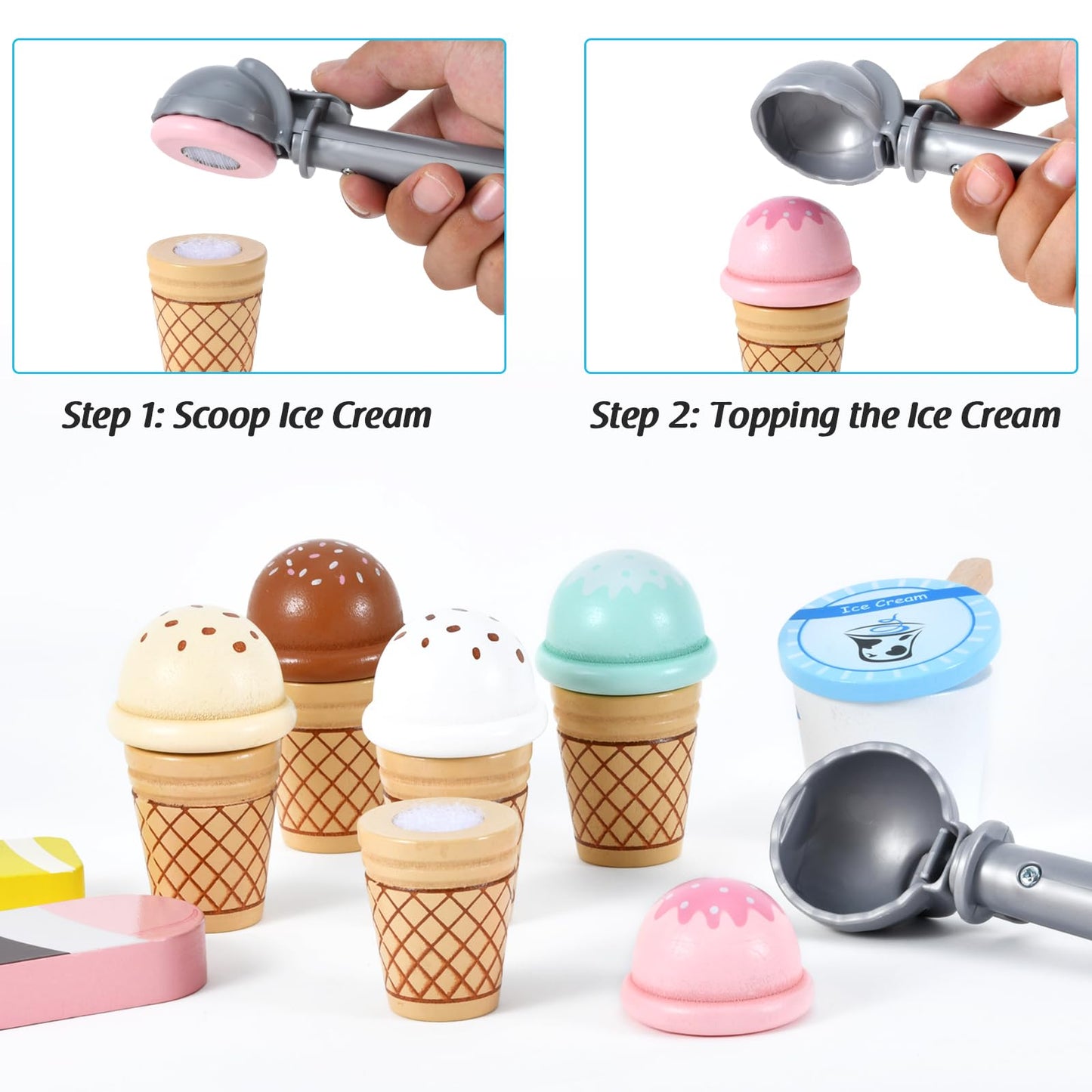 WHOHOLL Wooden Ice Cream Counter Playset for Toddler Girl Toys, 45 Pcs Play Store Pretend Toy Food Play Kitchen Accessories with Scoop & Fake Money, Christmas Birthday Gifts for 3 4 5 6