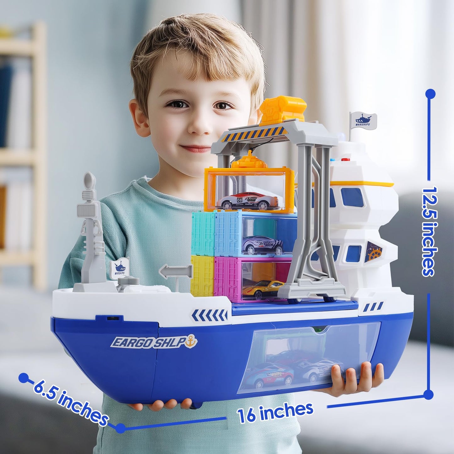 CUTE STONE Cargo Ship Toy & Gantry Crane, Toy Boat and Crane Playset with Sounds & Lights, Transport Containers, Push and Go Vehicle Cars, Kids Play Boats for Boys Girls