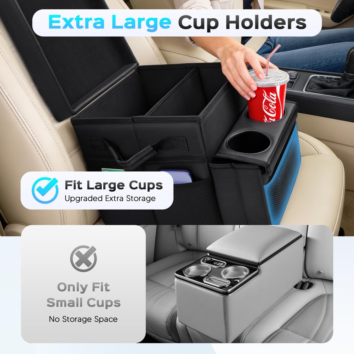 Foldable Bench Seat Center Console, Car Armrest Organizer Box with 2 Large Cup Holders & Massive Storage, Universal Portable Trunk Console Arm Rest for Car/Truck/Van/SUV Rear Organizers Back Seat
