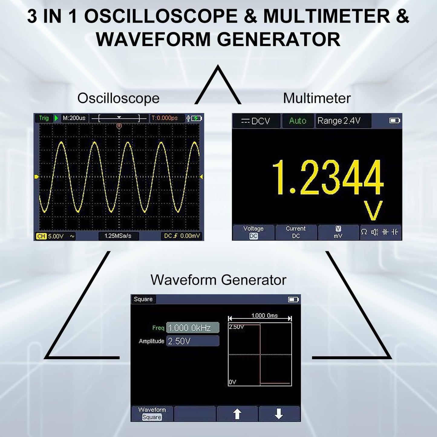 HANMATEK 3 in 1 Handheld Oscilloscope Multimeter,Waveform Generator HO51 with 3.5" TFT Oscilloscop, Auto-Calibration Function, Memory Function, Multi Tester