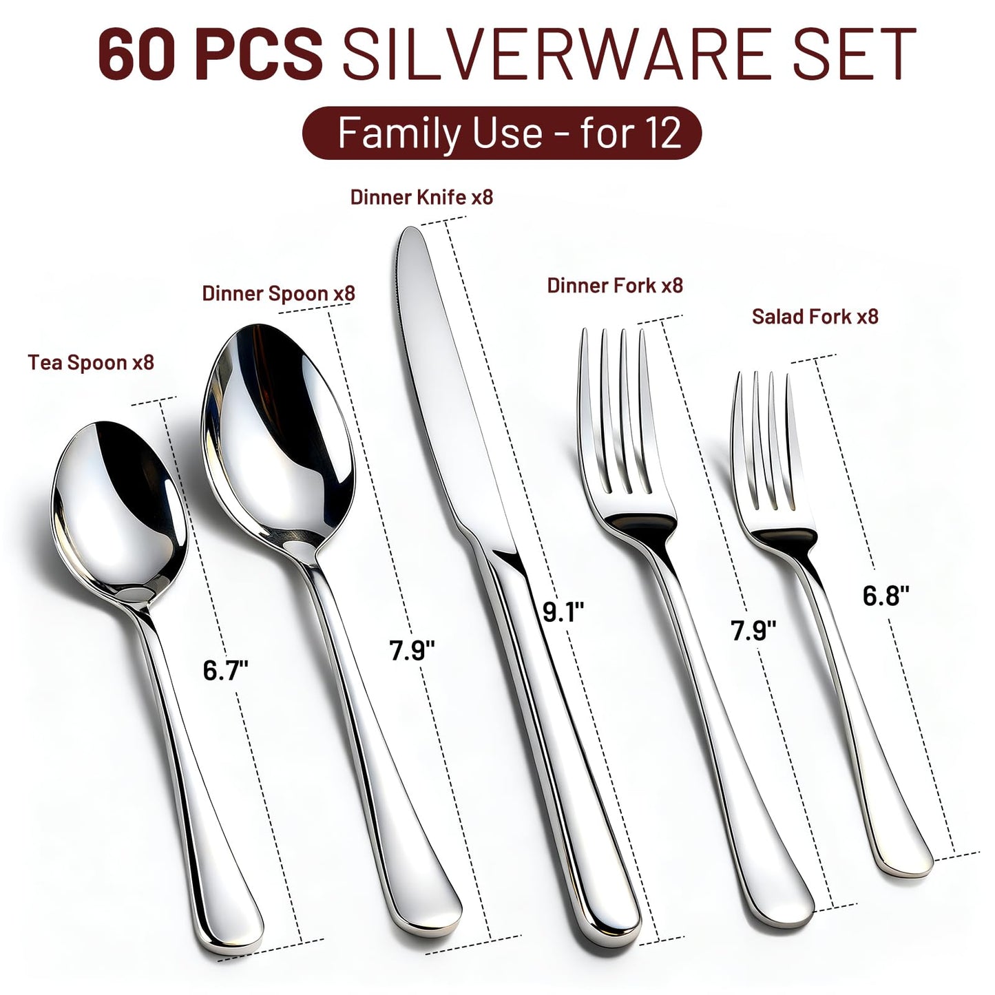 KIKCOIN 60 Pack Silverware Set for 12, Heavy Duty Stainless Steel Flatware Set, Mirror Polished Cutlery Utensils Set Includes Forks and Spoons Set for Home Kitchen Restaurant Wedding