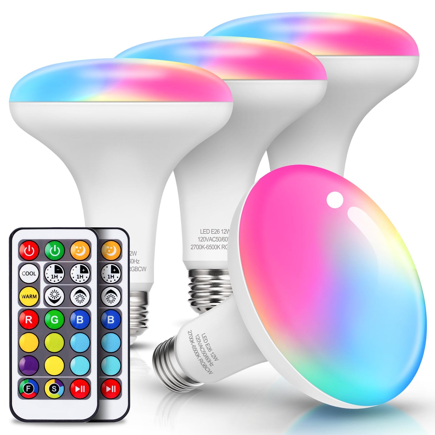 JandCase BR30 Color Changing Flood Lights, RGB+Warm+Cool White LED Recessed Light Bulb, 12W(100W Equivalent), 1050lm, Remote Control, Dimmable Multi-color Can Light Bulbs for Ceiling, E26 Base, 4 Pack