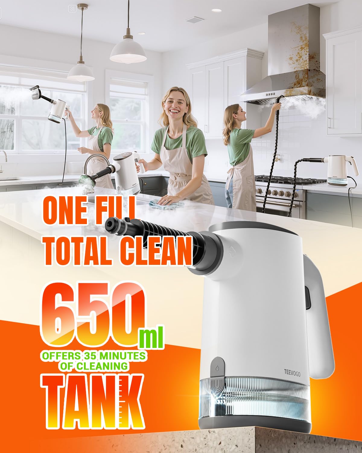 TEEVOGO Handheld Steam Cleaner, Pressurized 15s Instant Heat Steam Cleaner for Home, Upgrade 650ML Tank, Lightweight Portable Steamer for Cleaning Kitchen, Grout, Furniture, Couch, Car and Bathroom