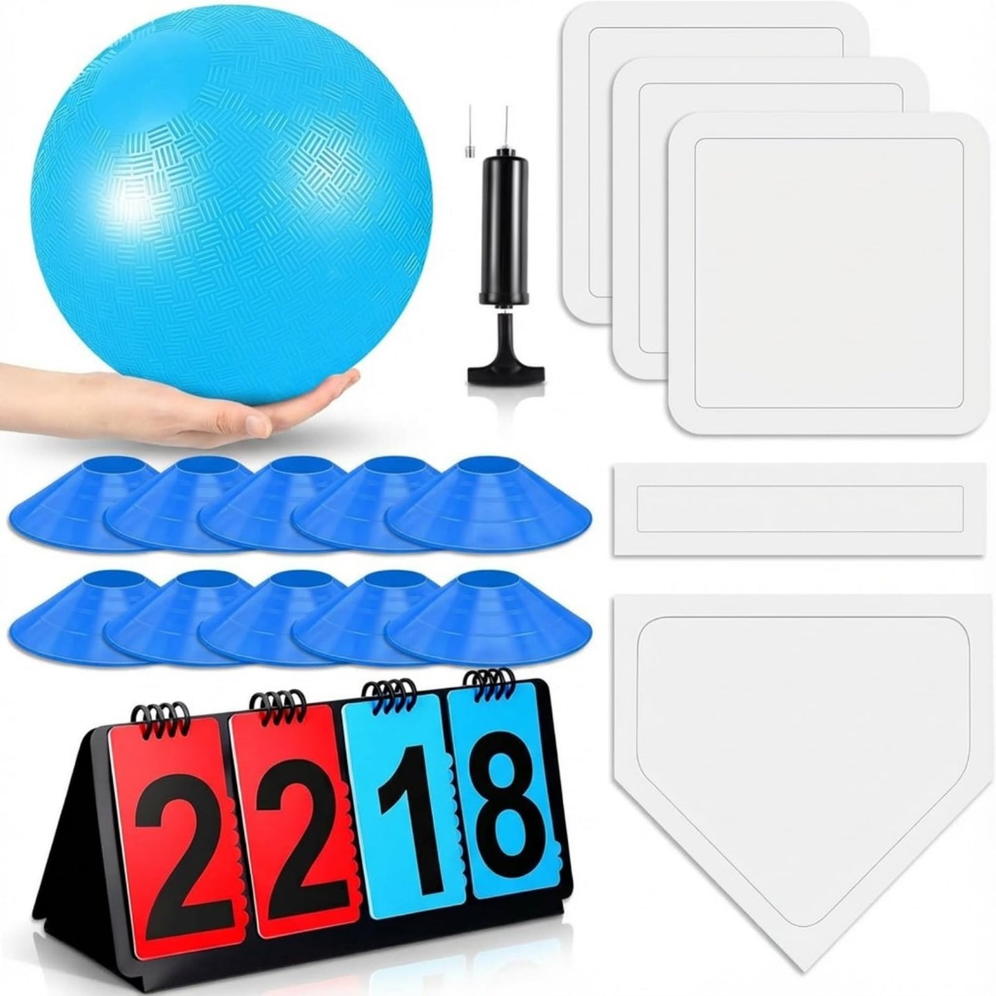 Jenaai 18 Pcs Sports Kickball Set Includes 10 Inches Playground Ball 5 Rubber Throw Down Bases Ball Pump Scoreboard Net Bag 10 Foul Line Cones for Kids Adults Playground School Backyard Game (Blue)