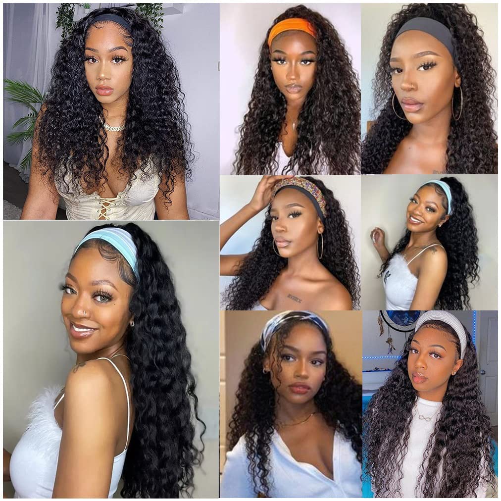 NICMISS Deep Wave Headband Wig Human Hair Curly Headband Wigs for Black Women Human Hair 20 Inch Glueless None Lace Front Wig Brazilian Virgin Hair Wear and Go Wigs 150% Density Natural Black Color