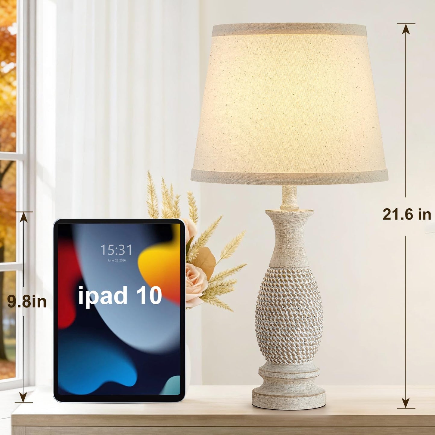 EJIAXIN Table Lamps Set of 2-21.6" Resin Farmhouse Bedside Lamps for Bedroom Living Room, Rustic Nightstand Bedroom Lamp with Rotary Switch for Night Stand End Table