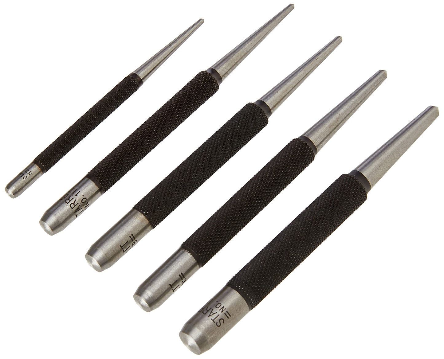 Starrett Steel Center Punch with Round Shank and Knurled Finger Grip - Hardened and Tempered Steel, 0-4" Length, 1/16, 5/64, 3/32, 1/8, 5/32 Diameter Tapered Point - 5 Pieces - S117PC
