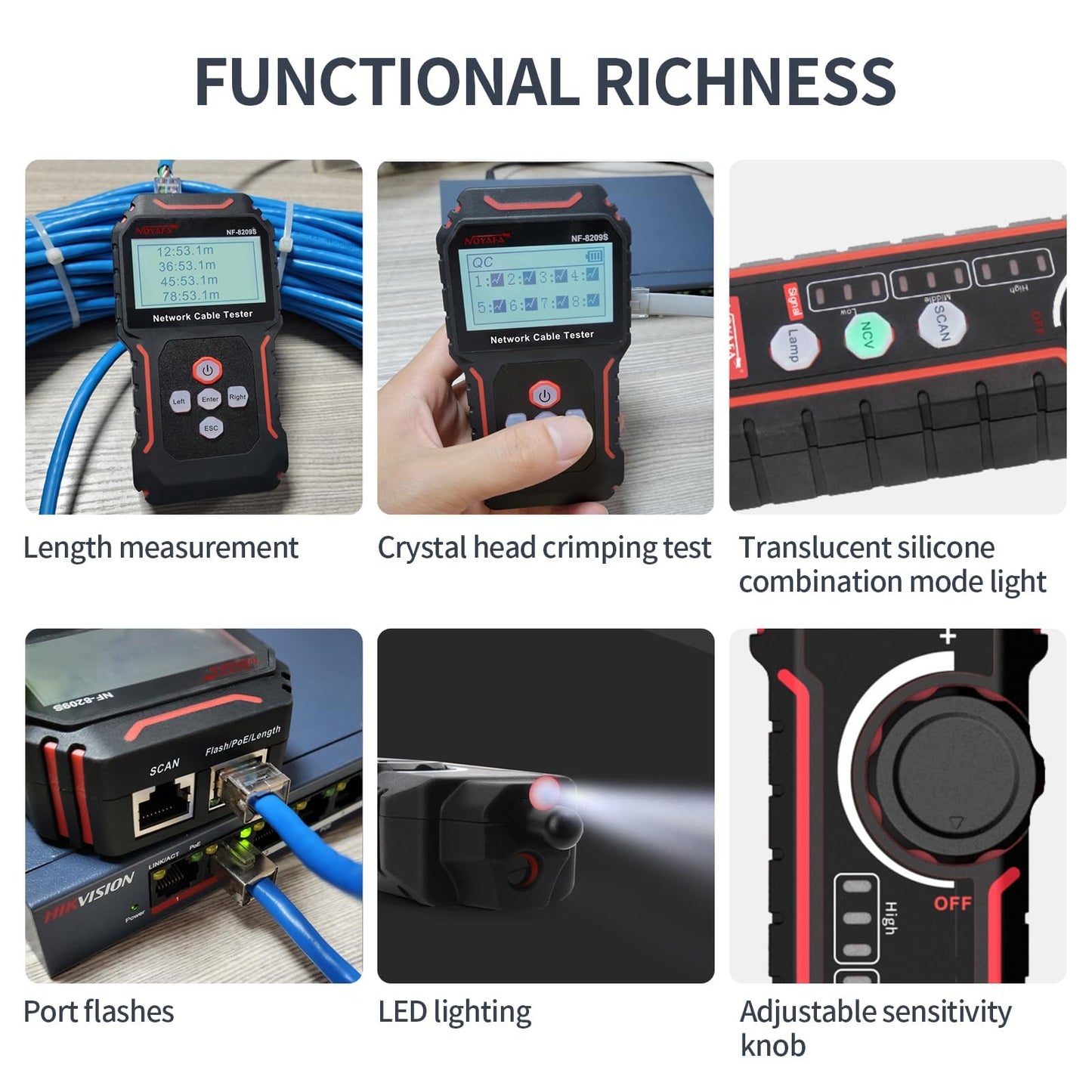 NOYAFA NF-8209S Network Cable Tester, Ethernet Cable Tester with PoE,NCV,Cable Length Test,Port Flashing,Multi-Function Trouble-Free Line Scan Mode,CAT5,CAT6 Line Tracer,LAN Network Cable Tracer Kits