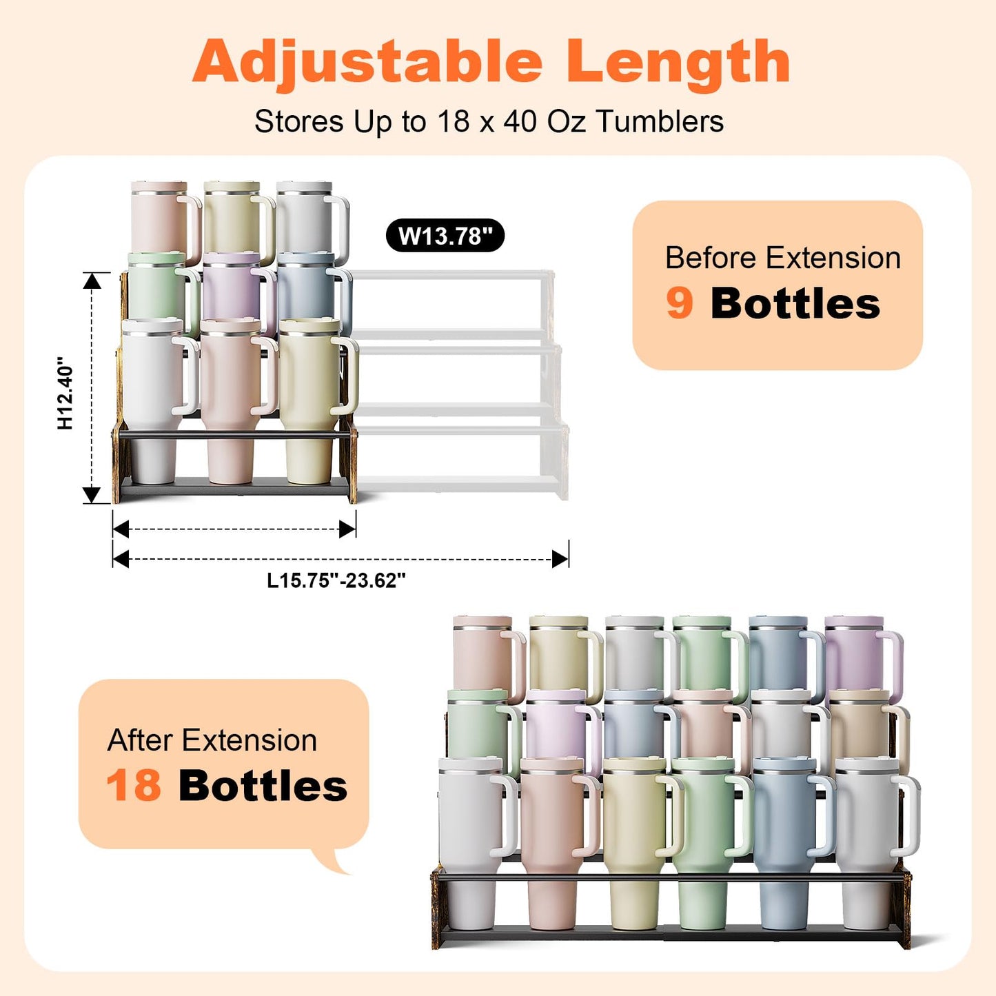 MOJOHAND Adjustable 3-Tier Stanley Cup Holder Rack, Expandable Water Bottle Organizer for 9-18 Stanley 40 oz Tumblers, Carbon Steel Kitchen Counter Storage