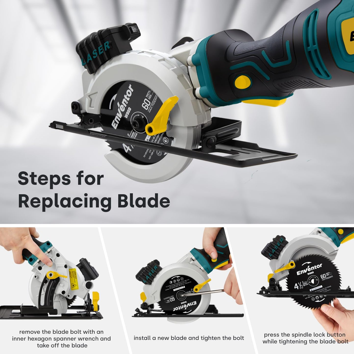 Enventor Mini Circular Saw, 5.8A 4-1/2" Electric Circular Saws with 6 Saw Blades, Laser Guide, Max Cutting Depth 1-11/16"(90°), 1-1/8"(45°) for Soft Metal, Wood, Tile, Drywall, Plastic Cutting
