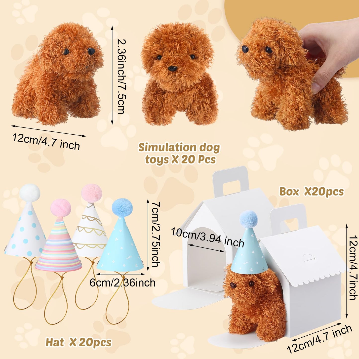 Motionchic 20 Pcs Mini Stuffed Animals Set Includes 20 Birthday Hats 20 Kraft Paper Boxes for Animal Theme Birthday Party Supplies Favors Gifts(White,Classic)