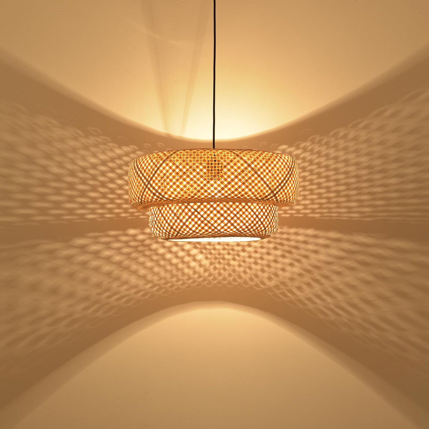 HUAHENGHAO 18.12 Inch Boho Bamboo Chandelier Hand Woven Dining Room Lights Wicker Hanging Lighting Fixtures for Living Room Kitchen Bedroom Coffee Restaurant Hallway