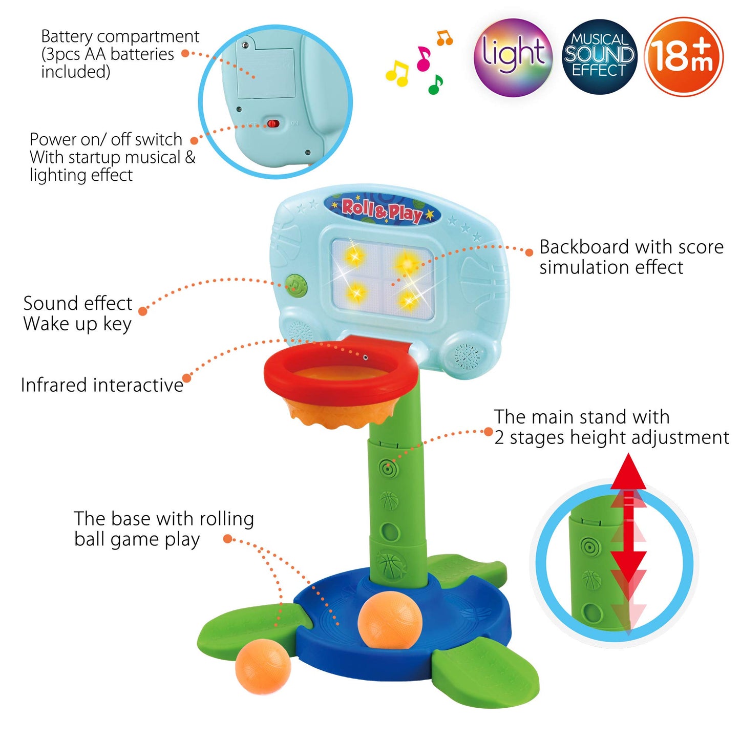 LotFancy Basketball Hoop for Kids Toddlers 18m-3y, Infant 2 in 1 Adjustable Sports Toy Set, Baby Interactive Learning Toy, with Light and Music, Indoor Basketball Game, Battery Include