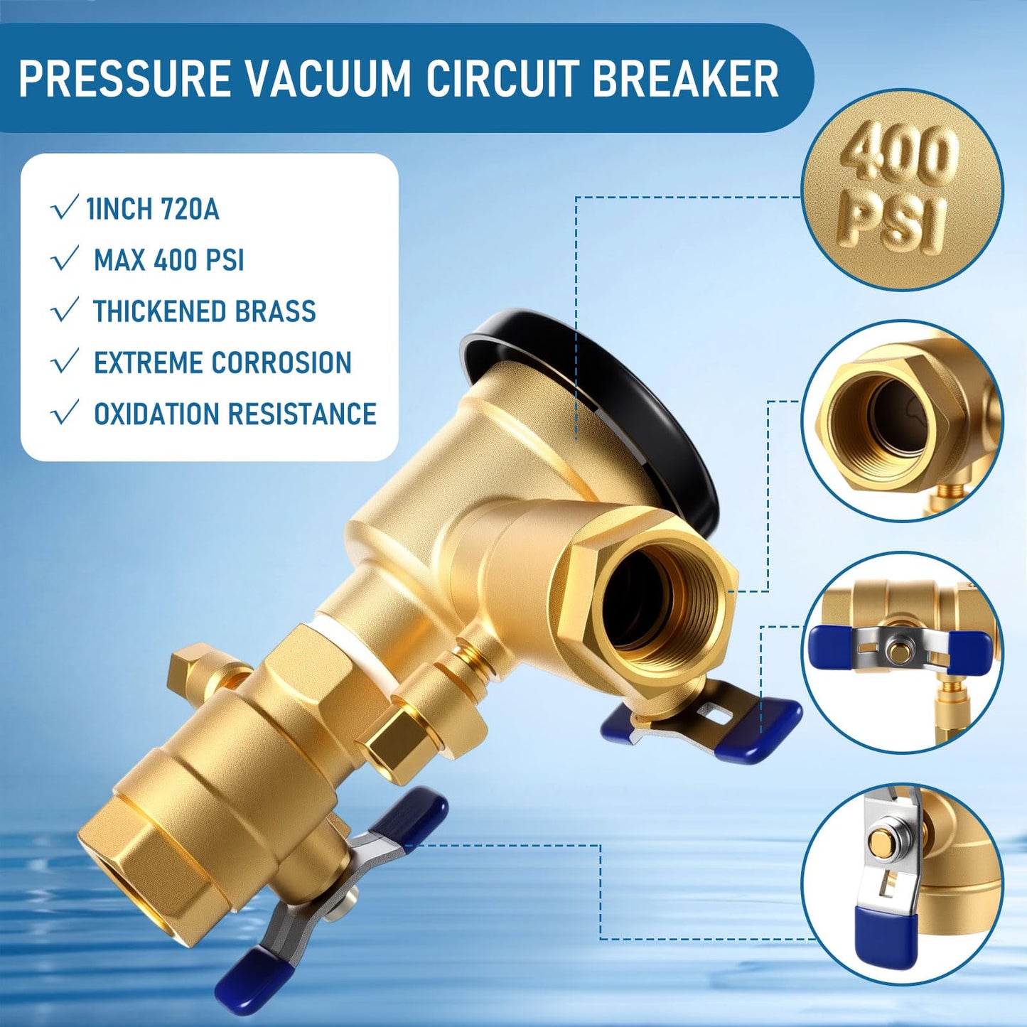MorningRo 1-720A 1" 720A Pressure Vacuum Breaker Assembly with Breaker Repair Kit, Brass Valve Cover for Water Lines Max 400 PSI Backflow Preventer Maintain Plumbing System