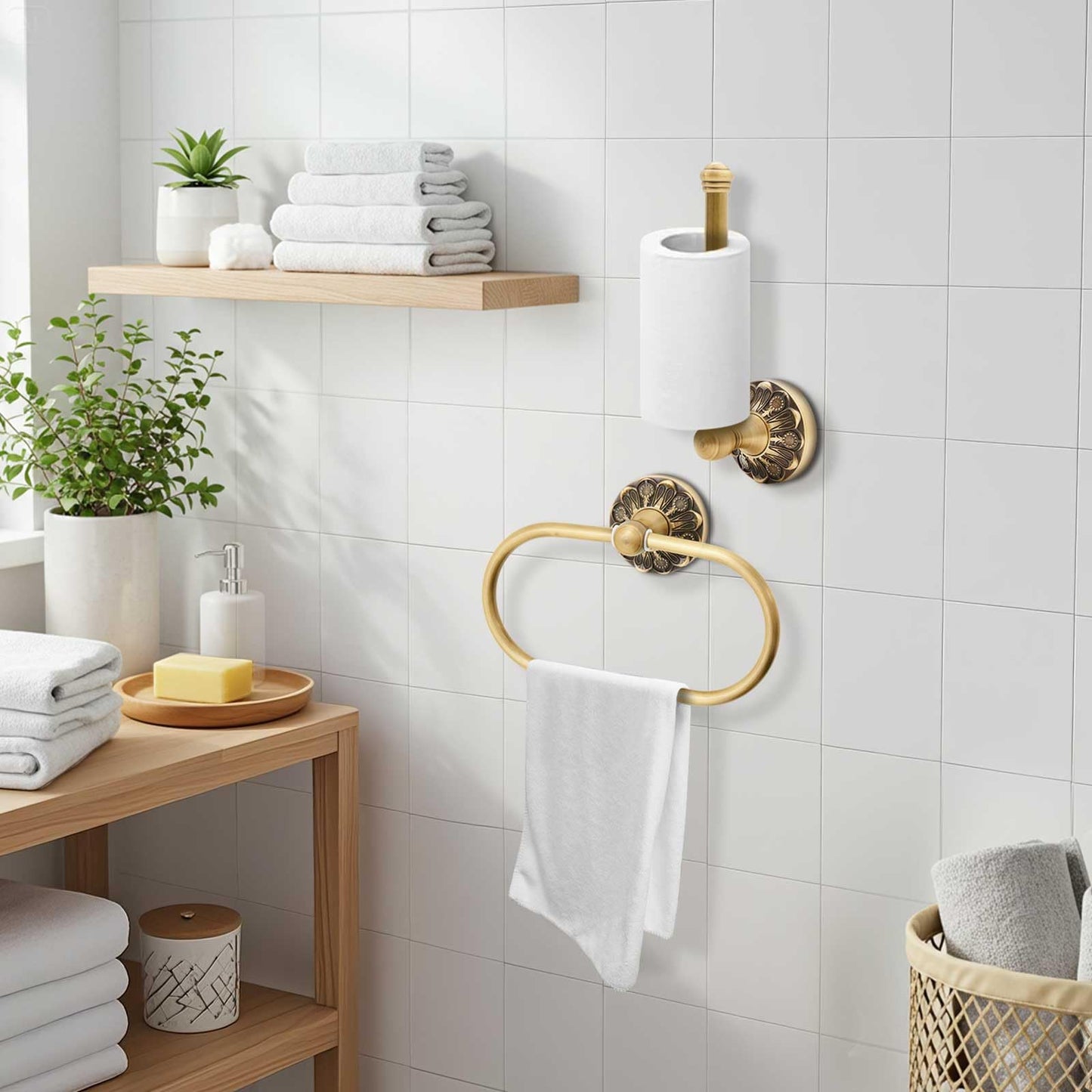 Otoolling 2 Pieces Set Antique Brass Toilet Paper Holder Retro Brass Hand Towel Ring Tissue Roll Paper Hanger Bathroom Hardware Wall Mounted Vintage Bathroom Accessories(Rectangle)