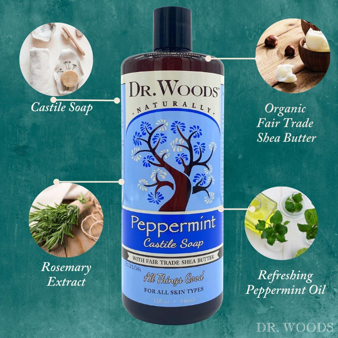Dr. Woods Liquid Castile Soap - Pure Tea Tree Oil and Peppermint Soap, Body Wash for Men and Women, Contains Organic Shea Butter, Natural Cleaner for Face, Hands, and Body - 32 Fl Oz, Pack of 2
